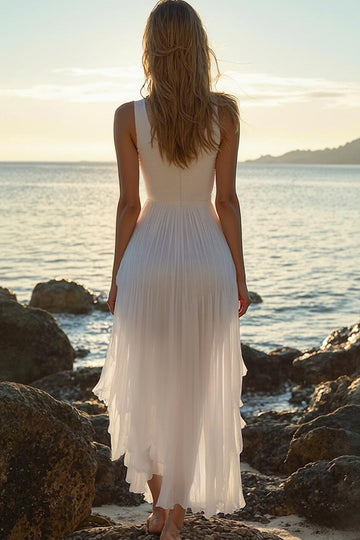 White A-Line High-Low V-Neck Boho Dress With Pleats